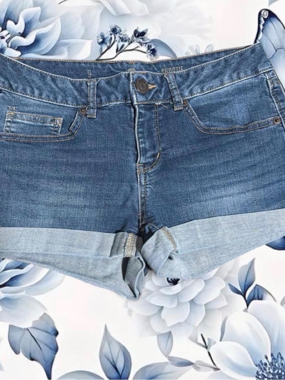 SO Women's Rolled Cuff Denim Jean Shorts in Light and Medium Blue
